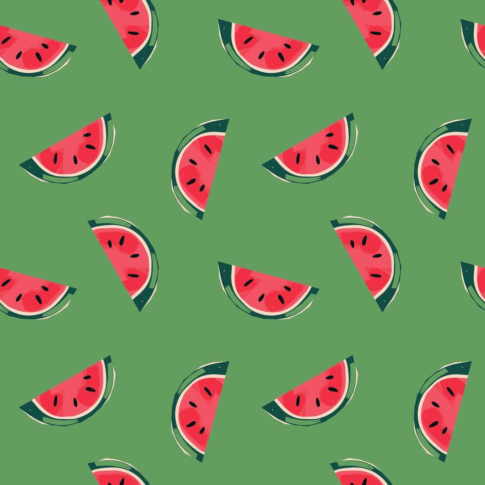 Seamless pattern with hand drawn watermelon slices on vibrant green background usa fruit summer tropical texture colorful food illustration for wrapping paper textile fabric wallpaper design vector