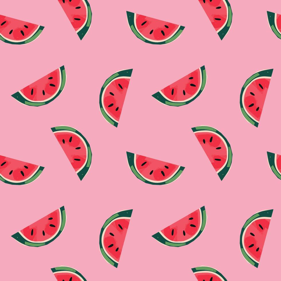 Pink background watermelon seamless pattern flat illustration repeating fruit slice design with green rind summer fresh tropical surface texture for fabric wrapping digital wallpaper fun colorful look vector