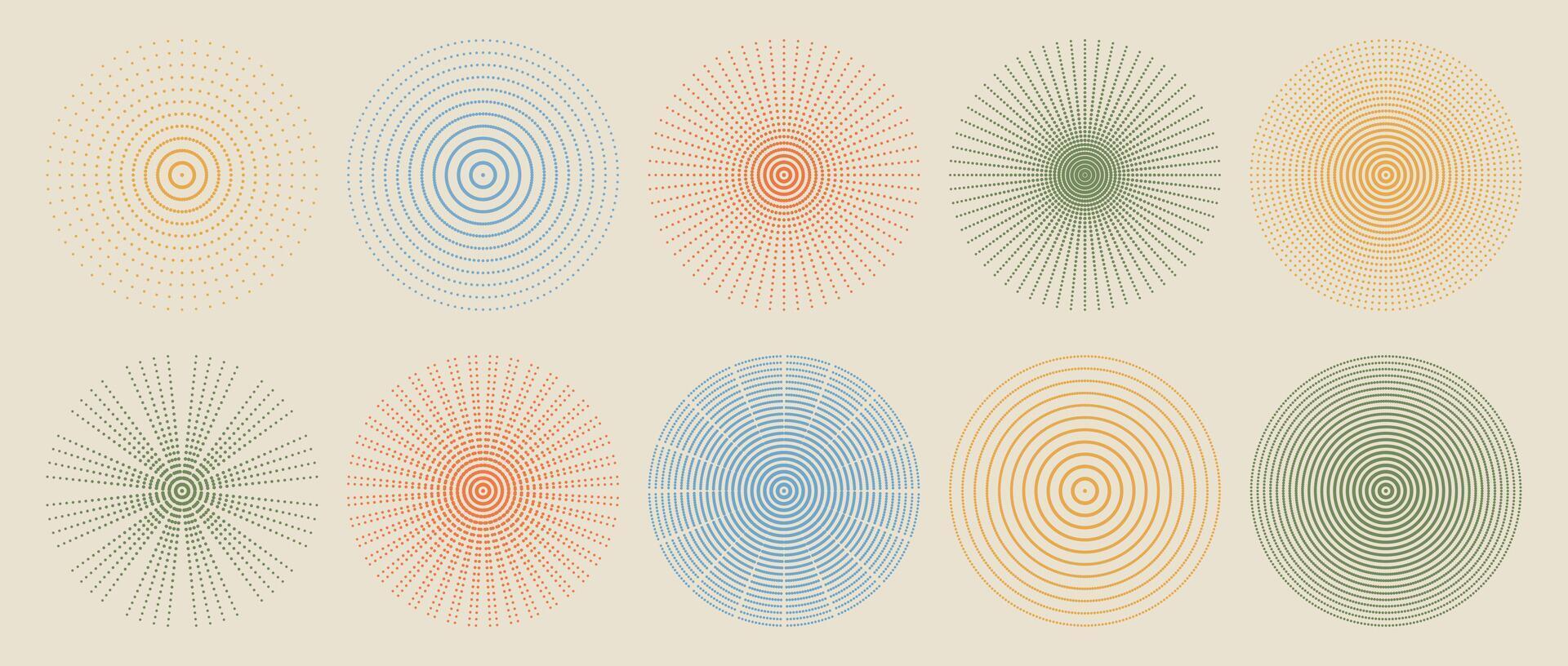 Soft retro color halftone radial dotted circular shapes geometric abstract set symmetry background burst motion illusion design elements vintage pattern minimal warm palette vector