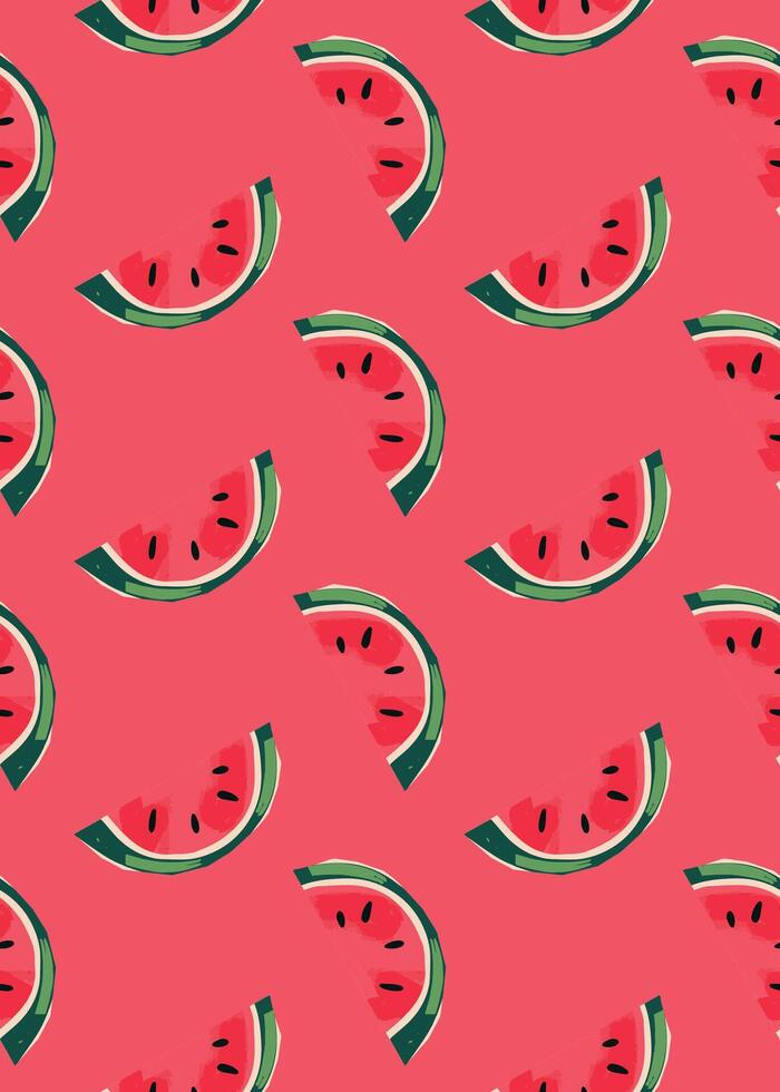 Watermelon greeting card, poster with red background juicy fruit slices green rind repeated summer texture modern tropical surface design for wrapping paper fabric textile wallpaper cheerful vibe vector