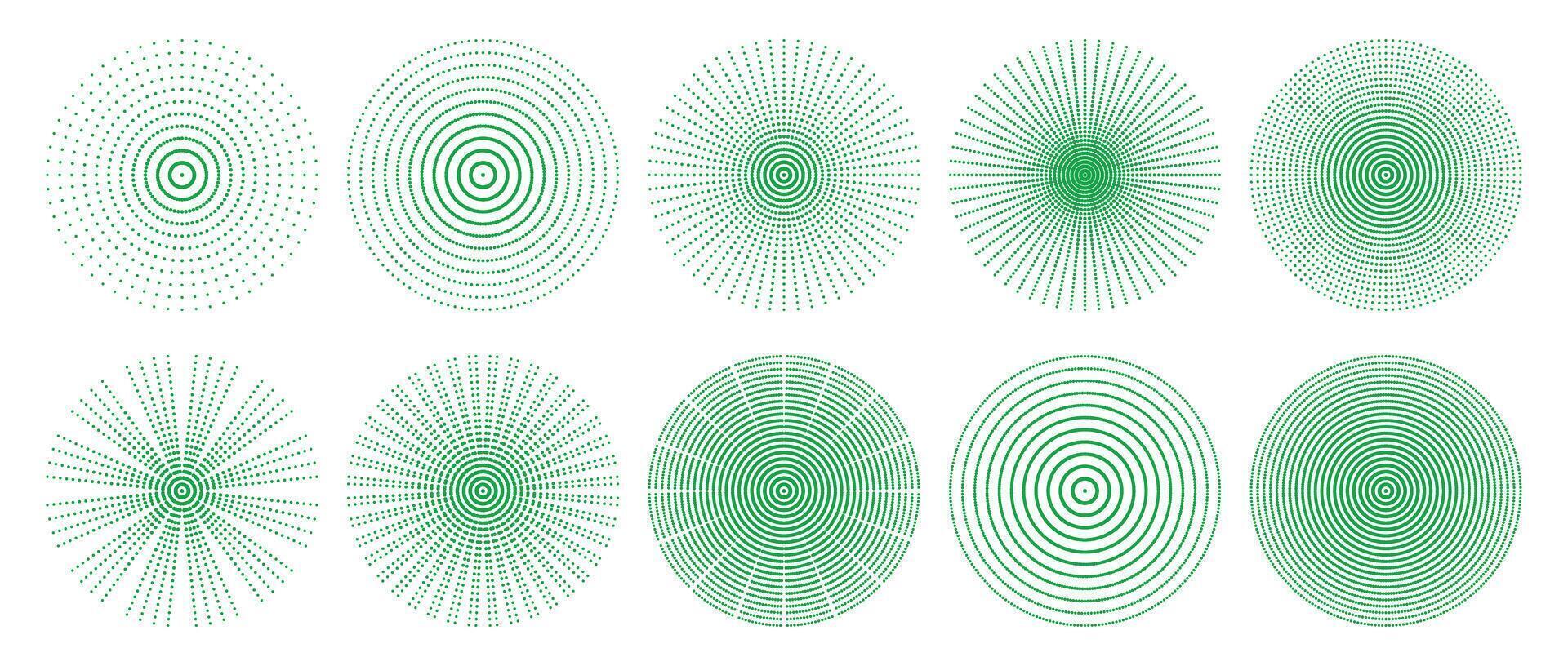 Green halftone circular radial dotted shapes abstract design elements set burst motion illusion background isolated on transparent geometric techno minimal round concept symmetrical graphic vector