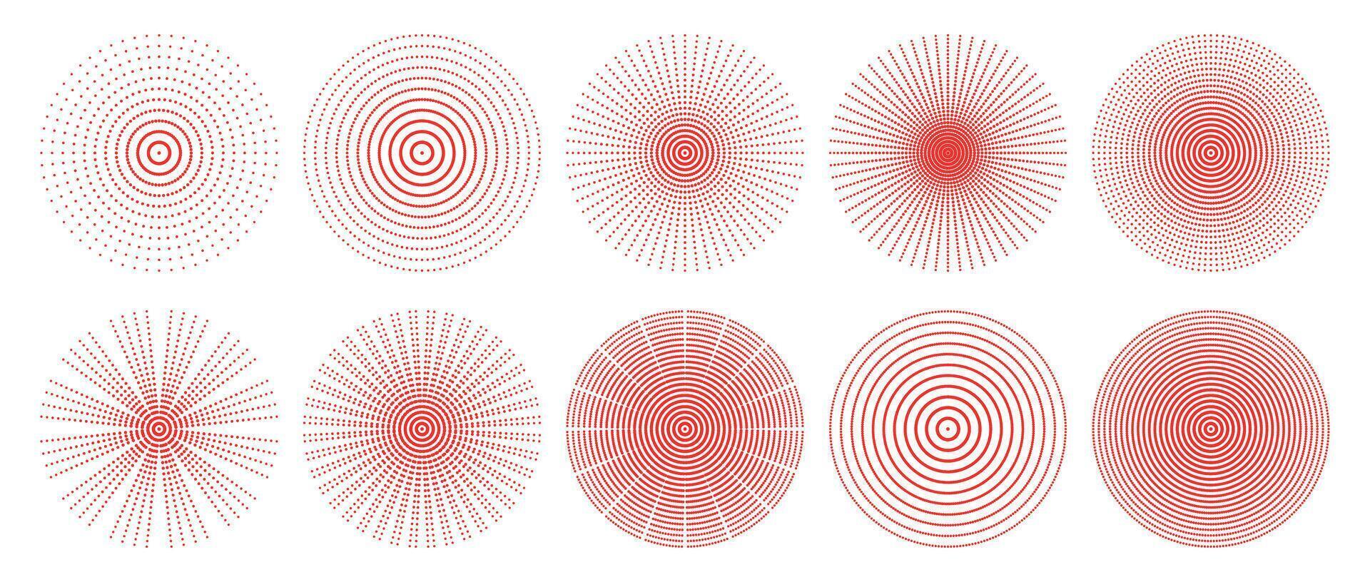 Red halftone radial dotted circular shapes collection set of abstract geometric round elements for design background motion illusion pattern distortion illusion burst on transparent vector