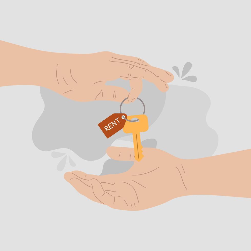 Close-up illustration of one hand handing over keys to another hand. vector