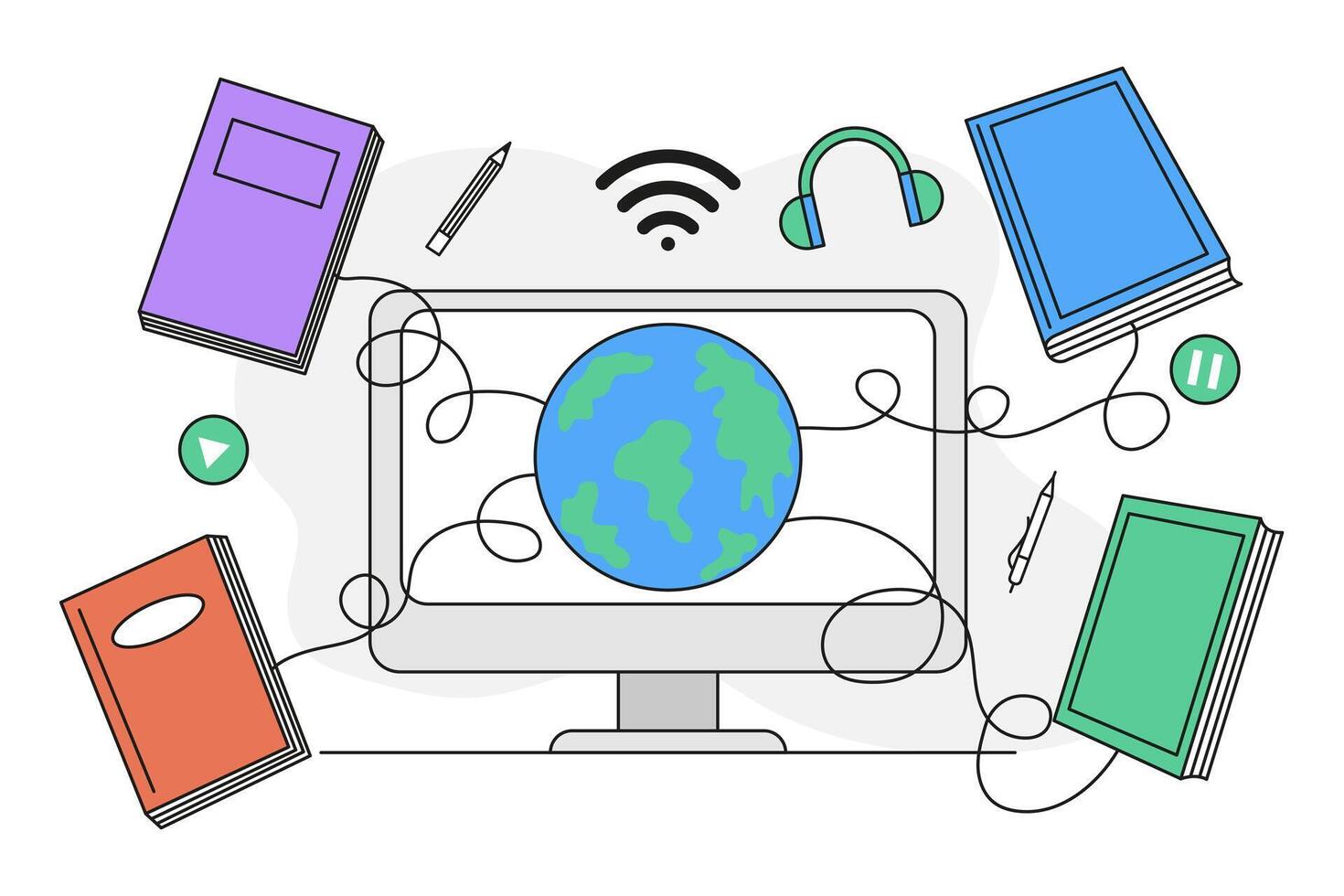Computer with globe on screen surrounded by books. vector