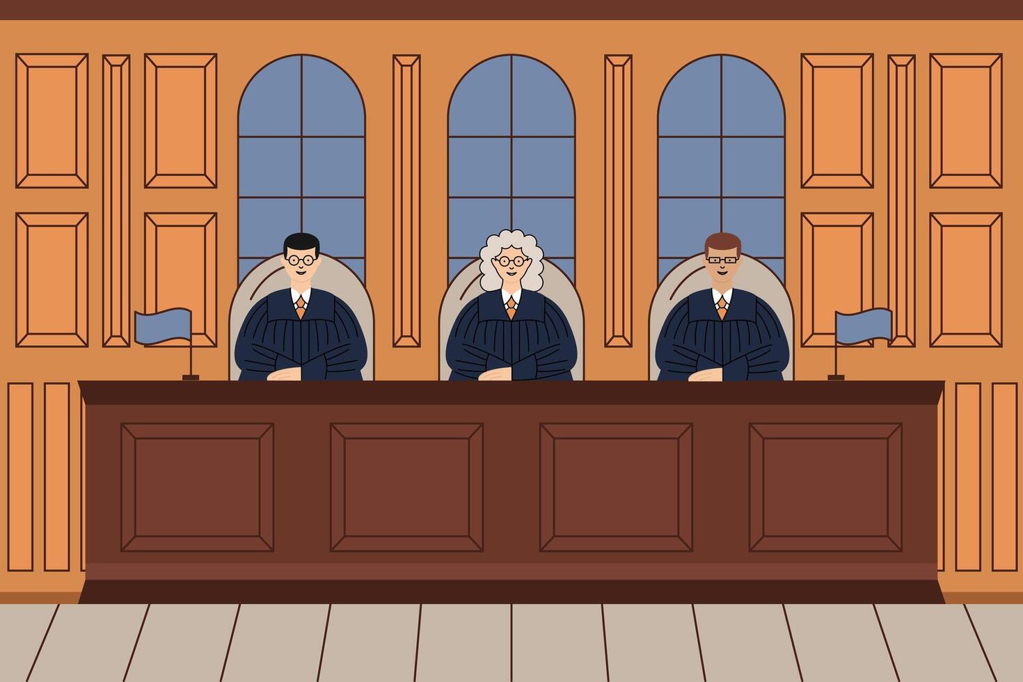 Courtroom illustration featuring three judges seated behind a large desk. vector