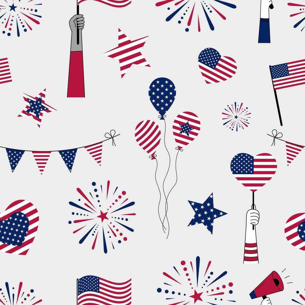 Seamless pattern with American flags, balloons, garlands, stars, hearts, and diverse hands holding flags and a megaphone. vector