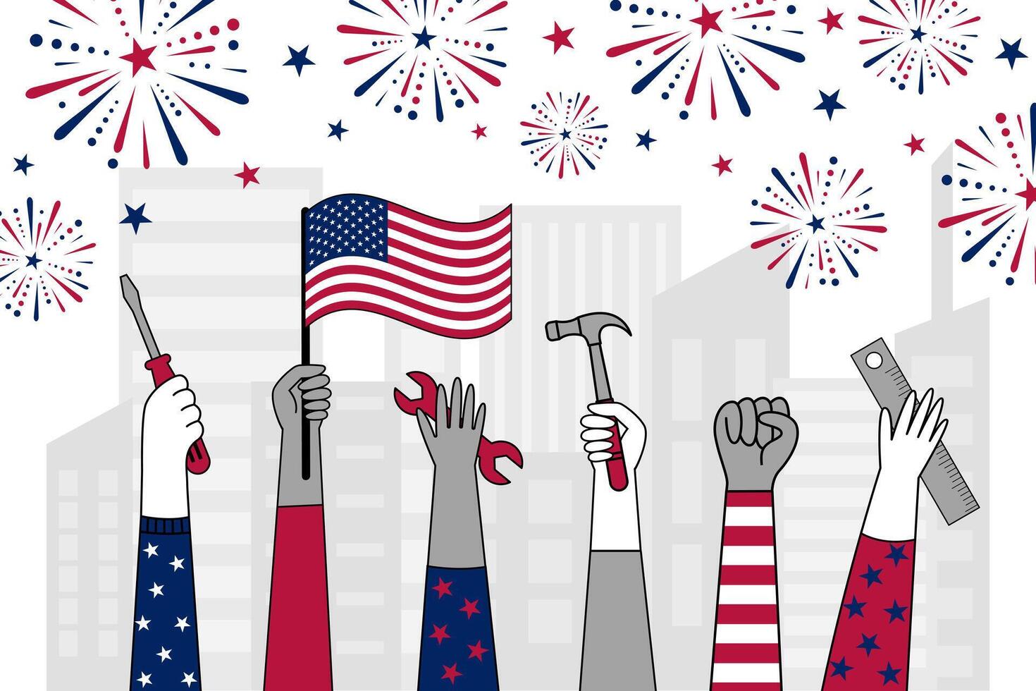 Patriotic illustration with fireworks, American flags, and tools in red, white, and blue honoring Labor Day. vector
