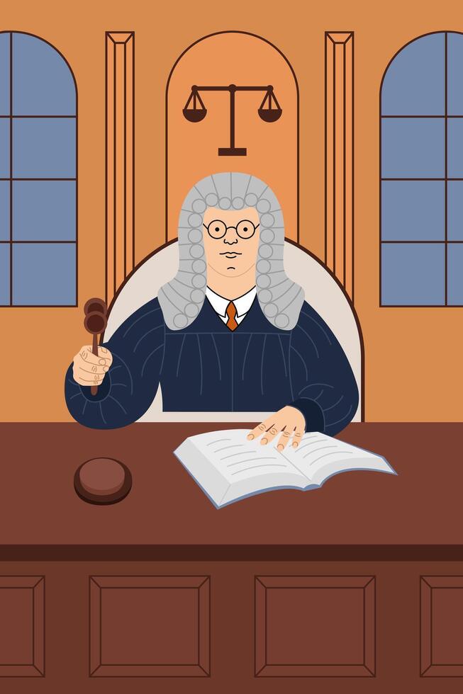 Illustration of a judge sitting at the courtroom desk. vector