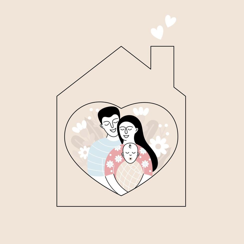 Minimalist illustration of a family with mom, dad and child inside a house. vector