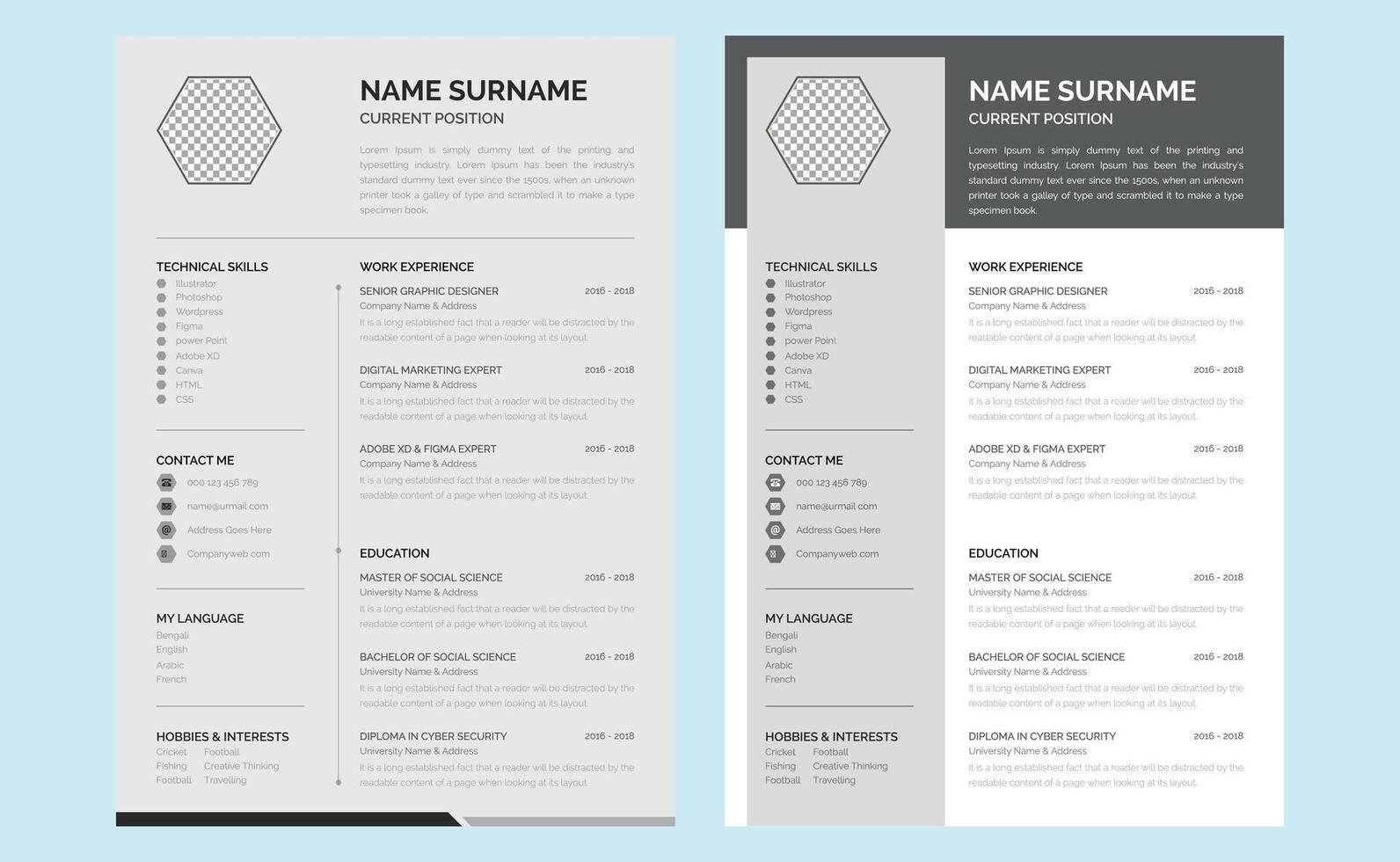 Creative clean modern curriculum vitae cv resume job application template design. vector