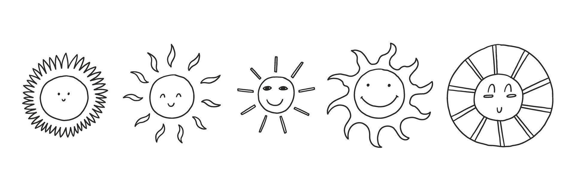 Happy Sun Face Doodle Set vector