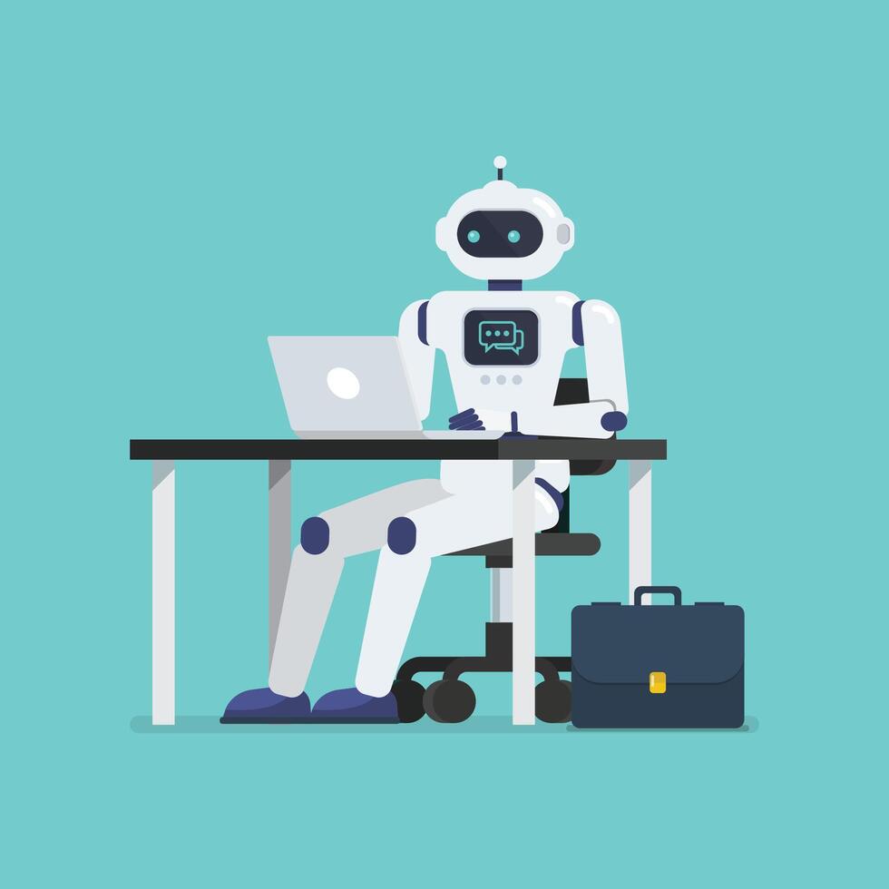 Robot is working on a laptop computer at office desk vector