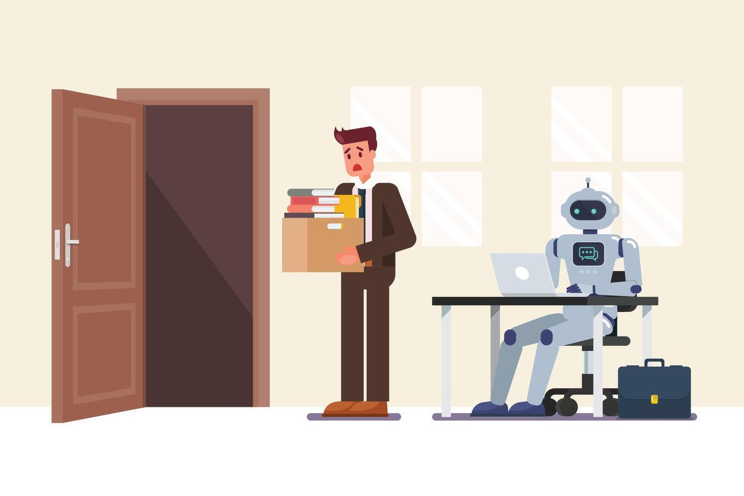 Man with books facing a robot at desk vector