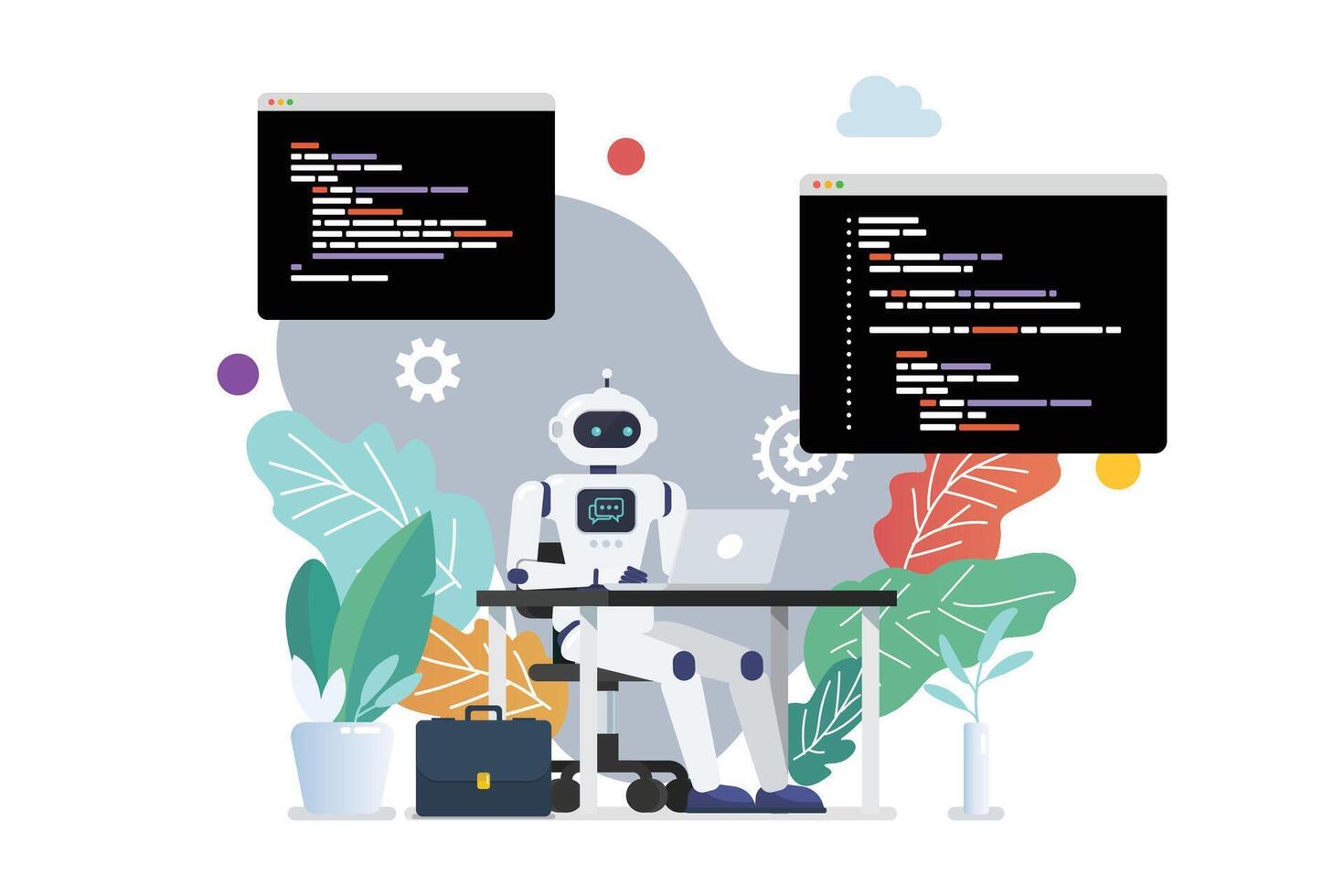 Robot coding at a desk with plants vector