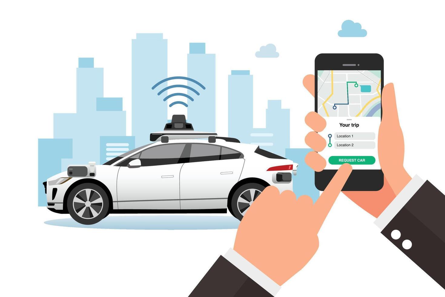 Hands using a mobile app for ridesharing vector