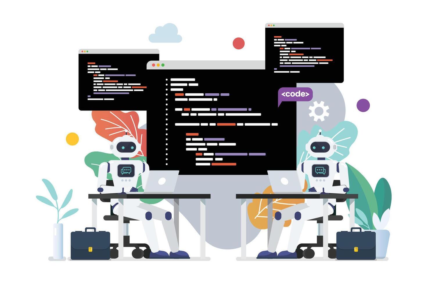 Robots coding in a modern office vector