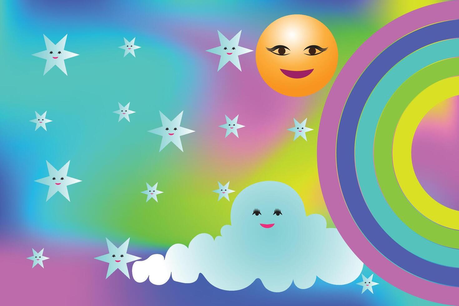 Happy Sky With Stars Rainbow And Smiling Sun vector