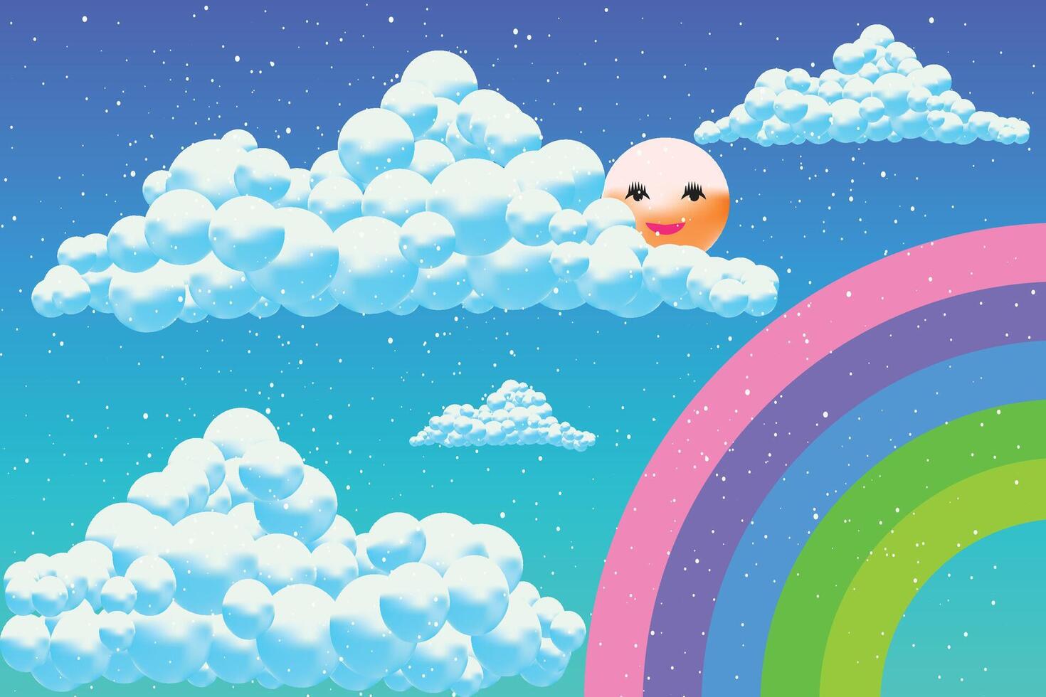Happy Sun And Rainbow In A Cartoon Sky vector