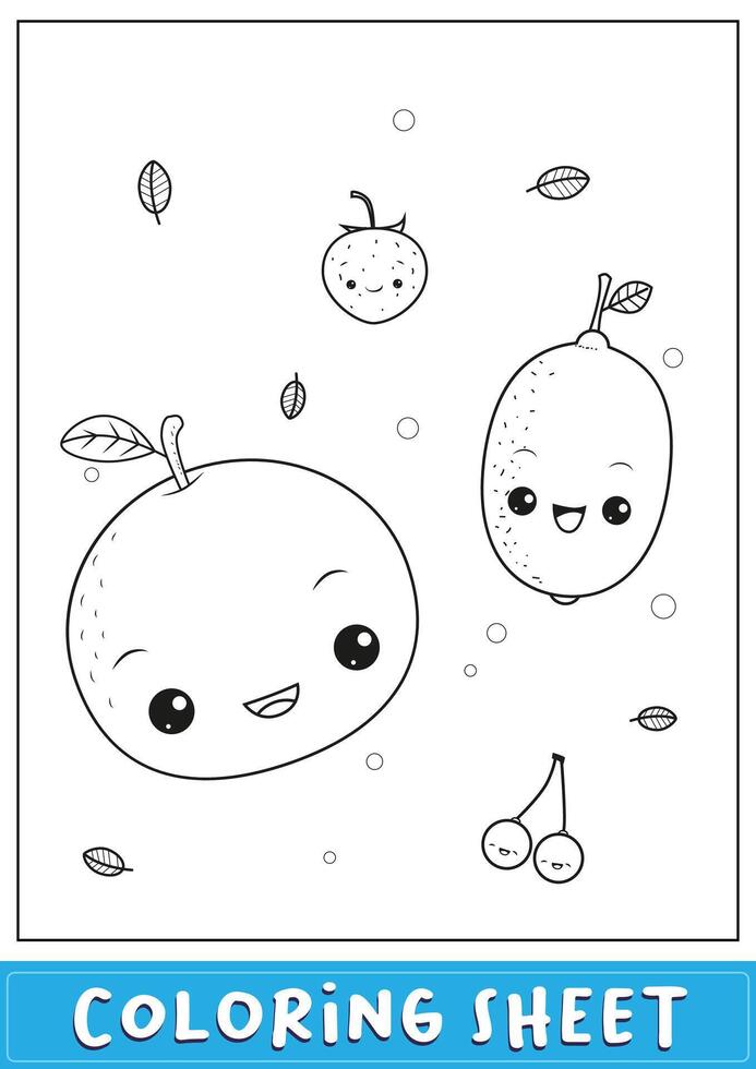 coloring sheet for kids with cute fruit kawaii vector
