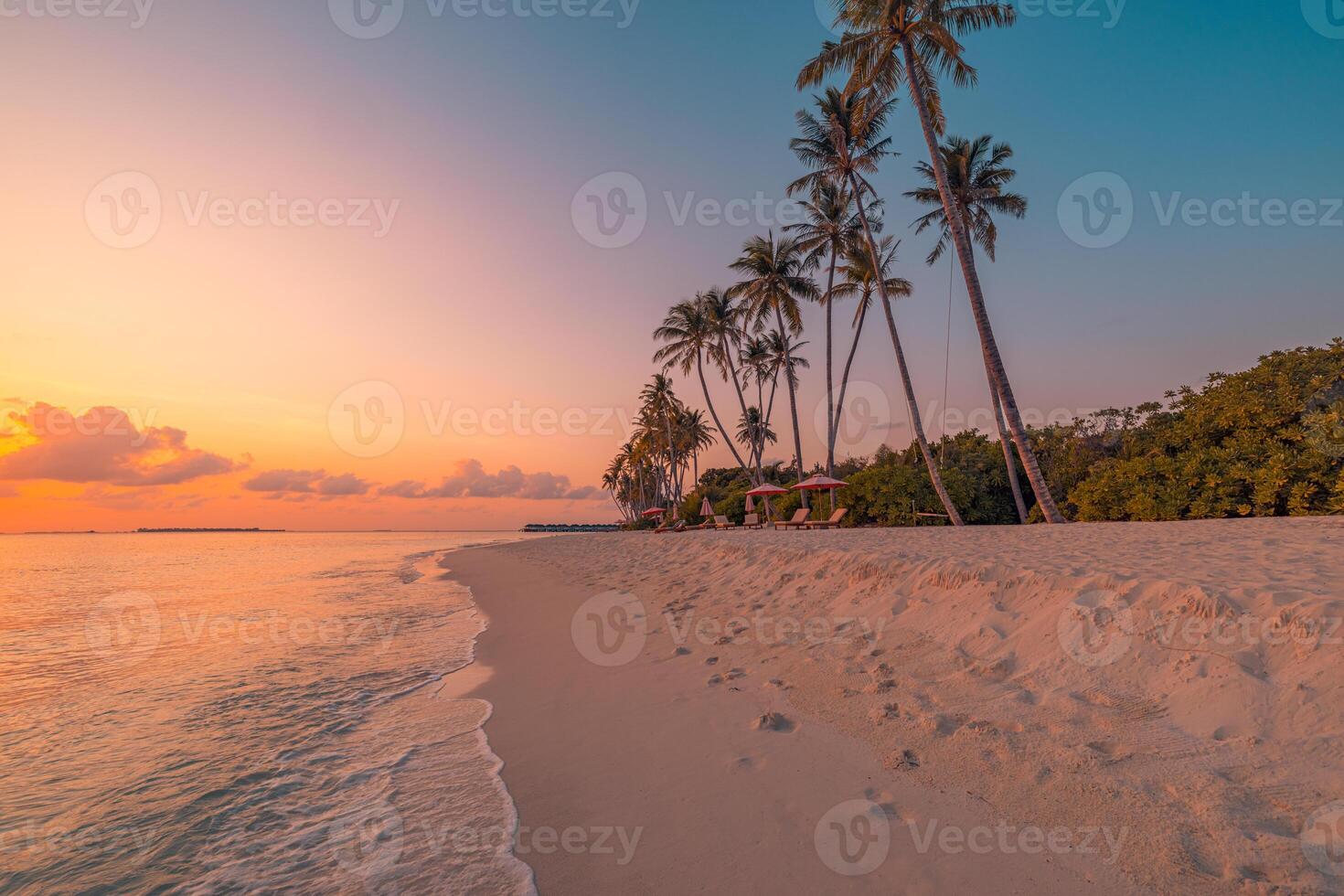 Sunset palm trees tropical beach paradise peaceful landscape stunning nature exotic vacation destination summer holiday travel scenic ocean seascape beautiful background serene coastal getaway photo