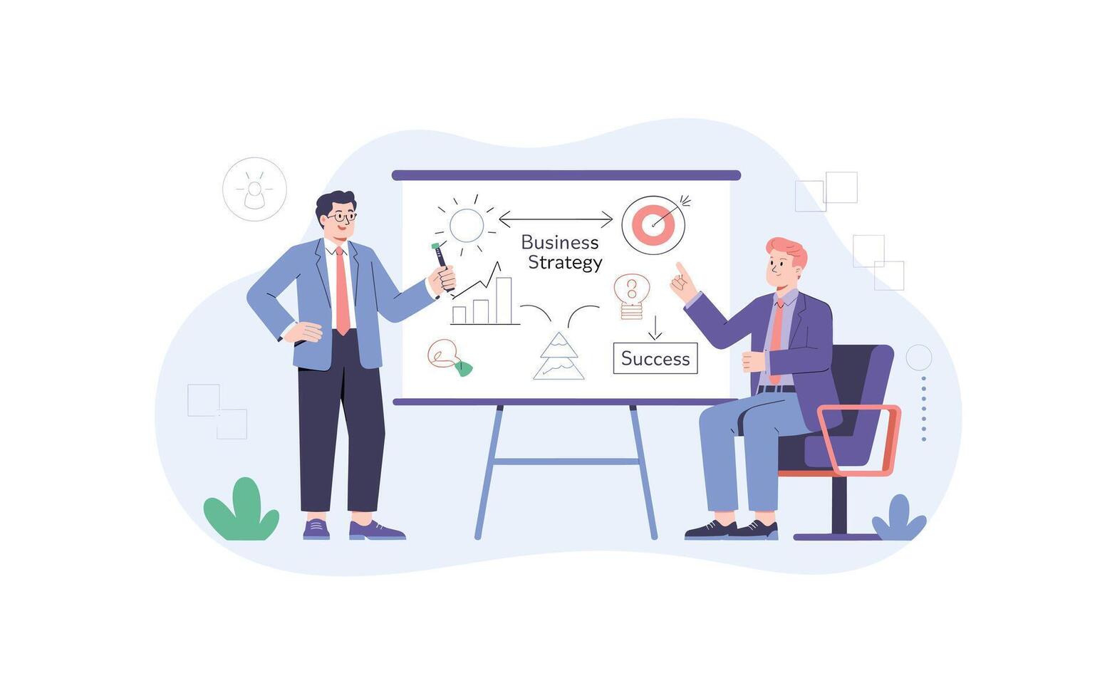 Business strategy presentation with two professionals, highlighting success and innovation in a modern flat style vector