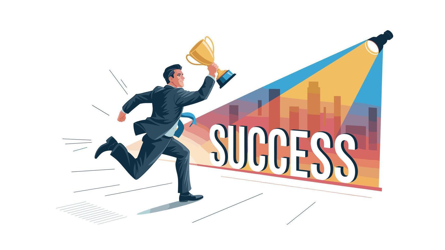 Businessman Running with Trophy Towards Success, City Background and Spotlight, Illustration vector