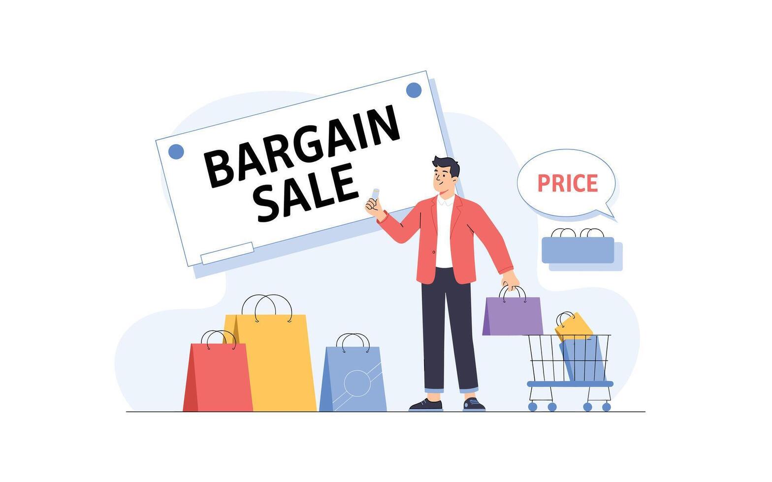 Bargain Sale Shopping Man with Shopping Bags and Cart for Discounts and Offers vector