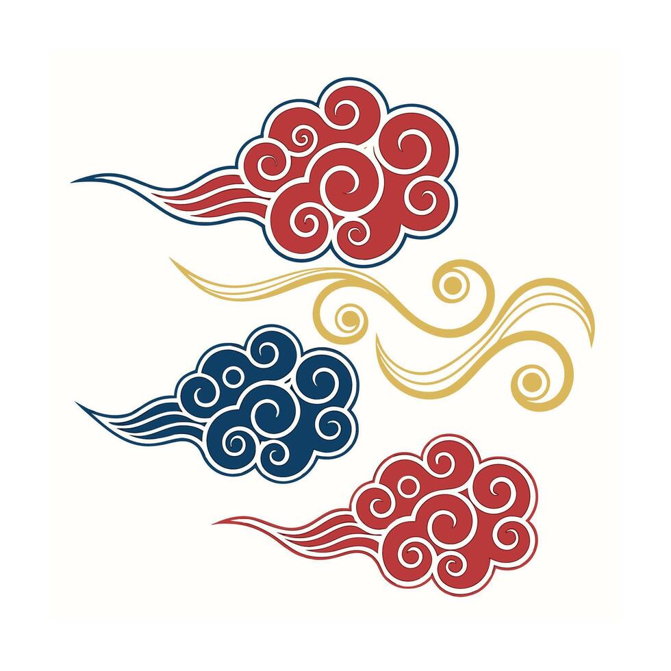 Elegant Chinese Cloud Design Illustration Set in Red, Blue, and Gold vector