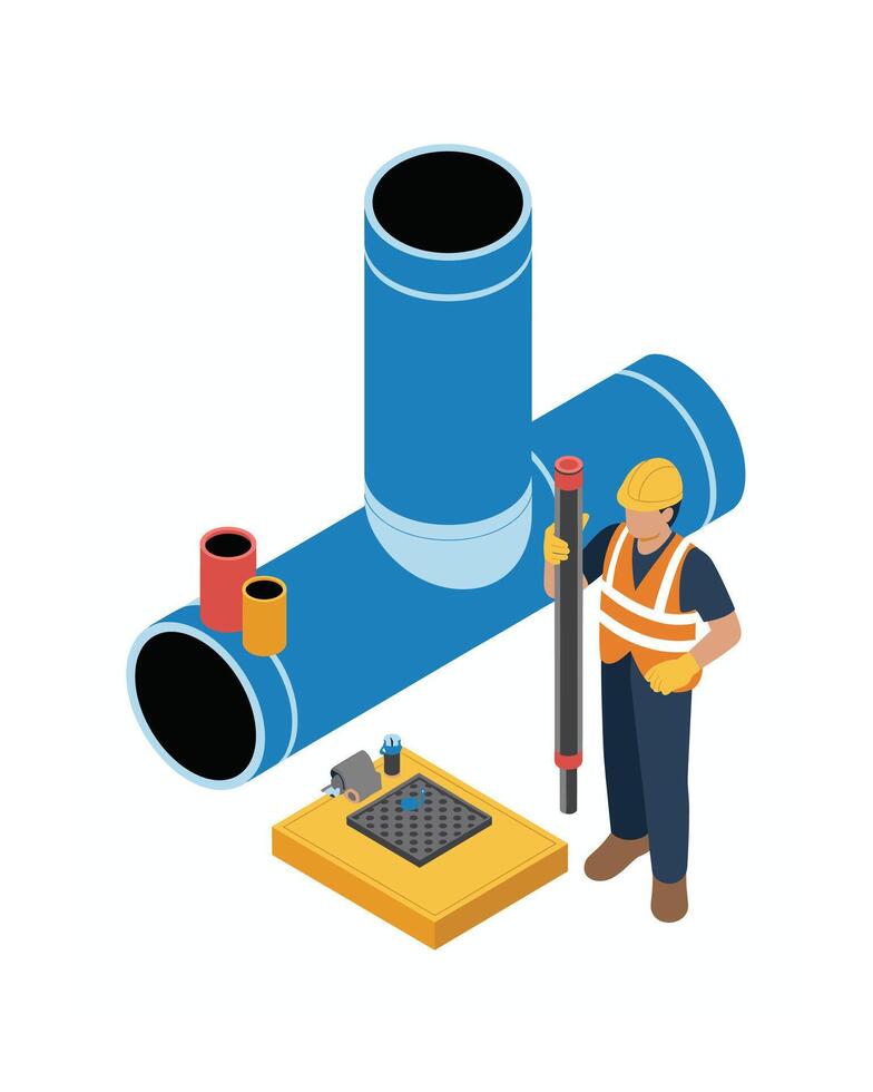 Isometric Construction Worker Inspecting Large Blue Pipes and Tools, Isolated on White Background vector
