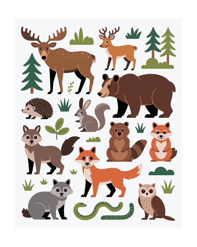 Illustration of Forest Animals Moose, Deer, Bear, Fox, Wolf, Owl and Other Wildlife vector