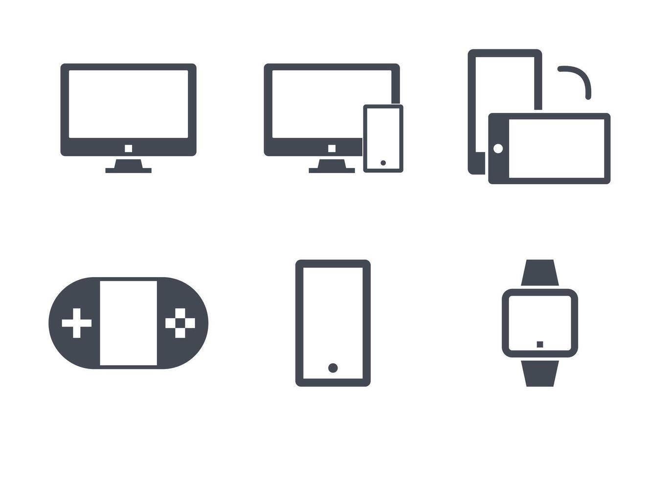 A collection of device glyph icons. Icons containing monitors, smartphones, and consoles. vector