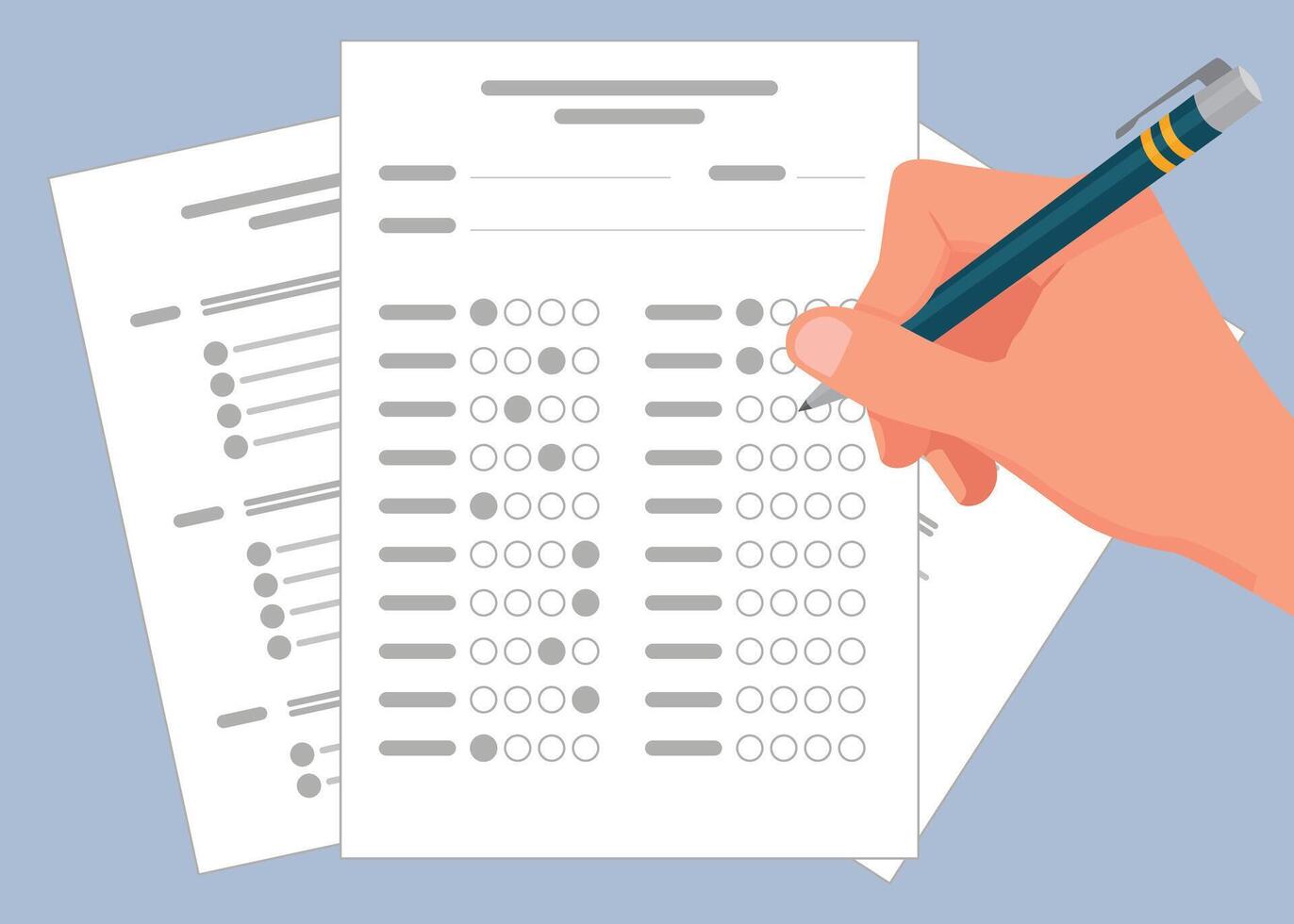 Survey response sheets and a pen vector