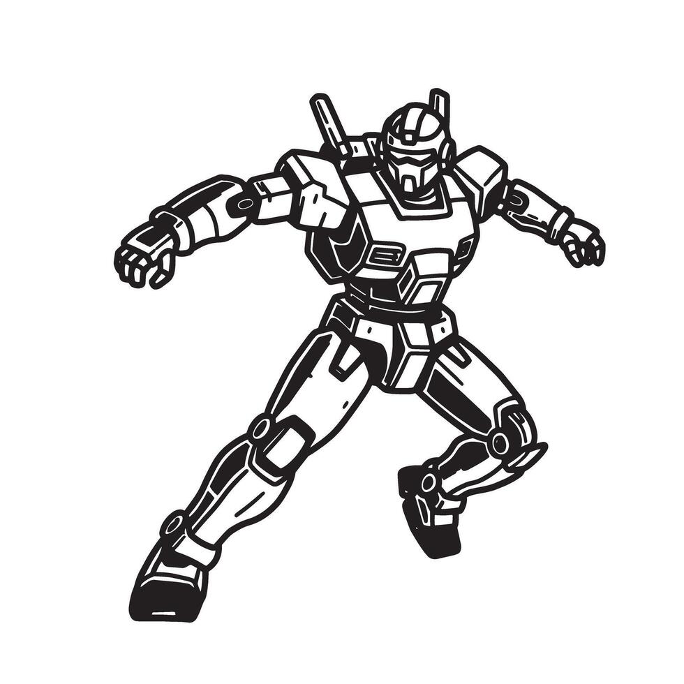 Dynamic black and white silhouette illustration of a futuristic mecha robot in an energetic action pose vector