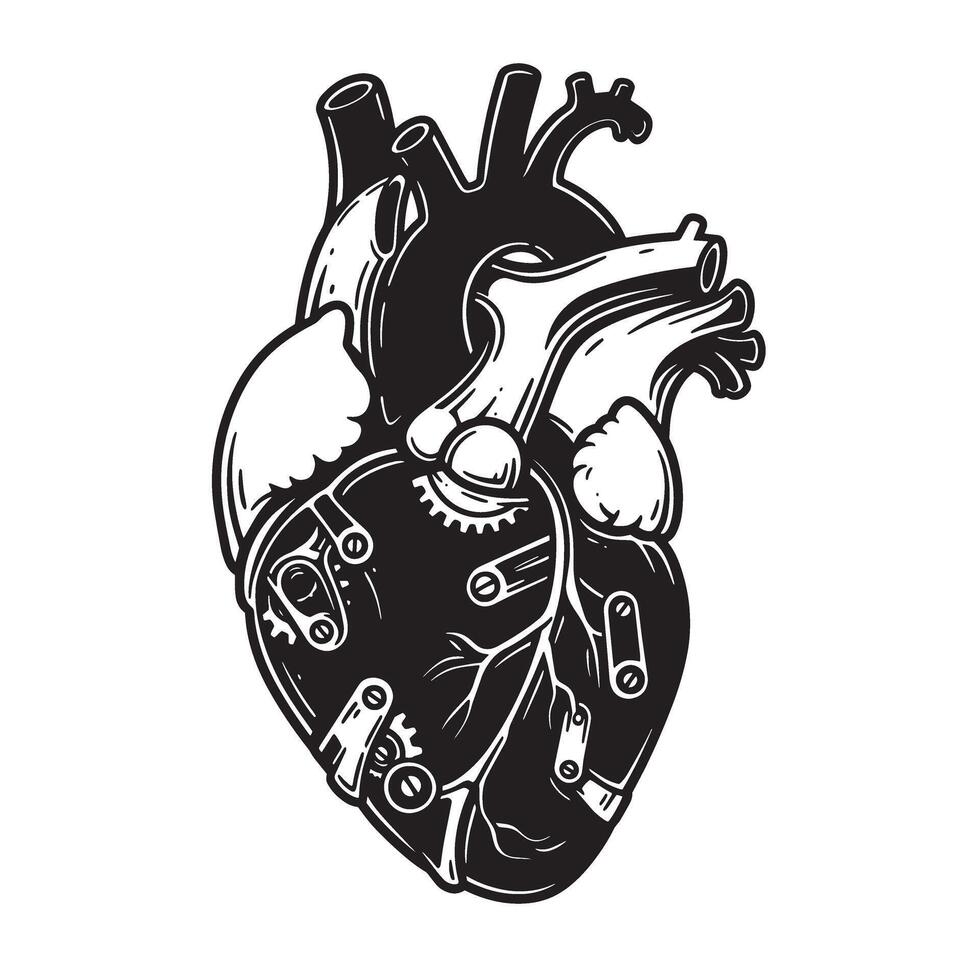 Intricate vintage art silhouette of mechanical human heart design with gears and veins vector