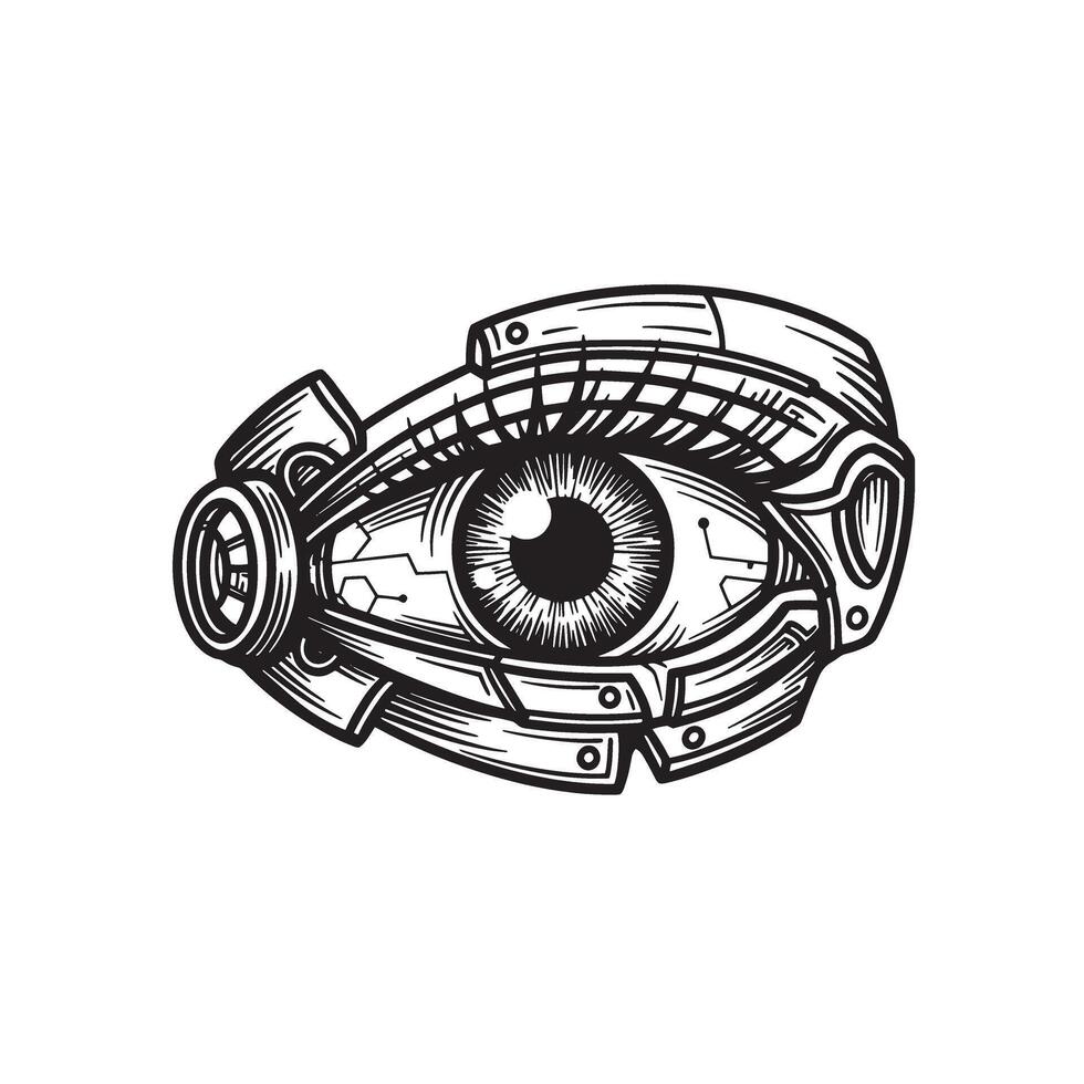 Robotic eye illustration in vintage art style featuring detailed silhouette design vector
