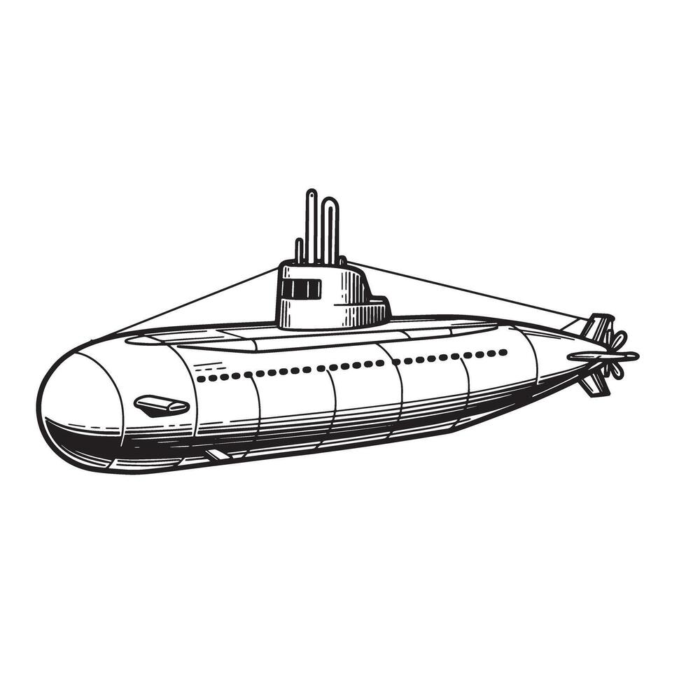 Vintage Art Silhouette of a Submarine black and white illustration vector