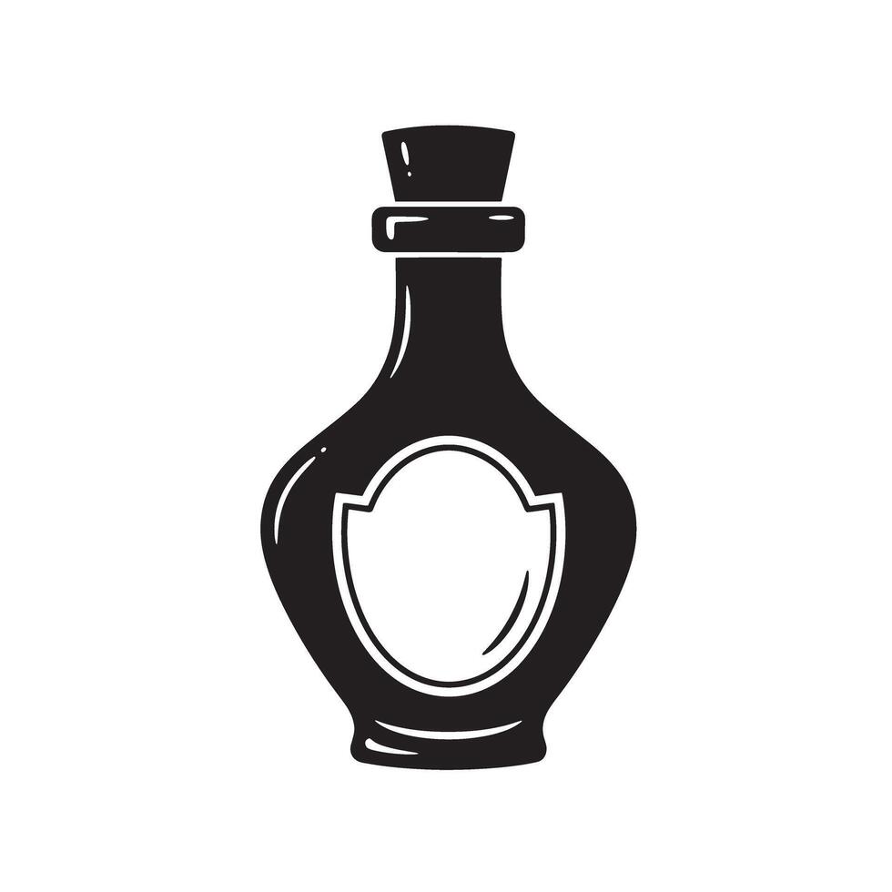 Elegant vintage art silhouette of a decorative bottle with cork stopper and empty label vector