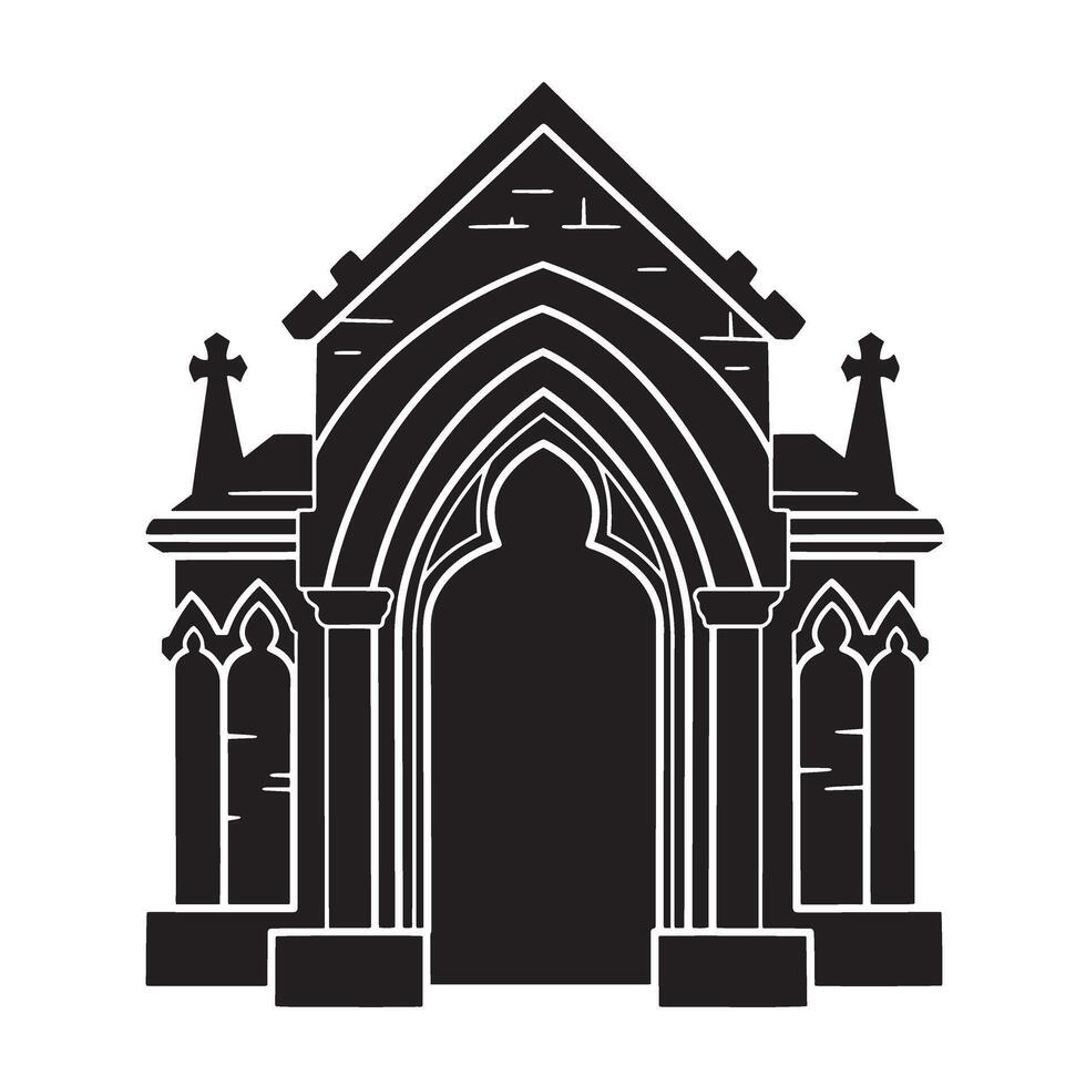 Vintage art silhouette of a gothic church architecture with arched entrance design vector