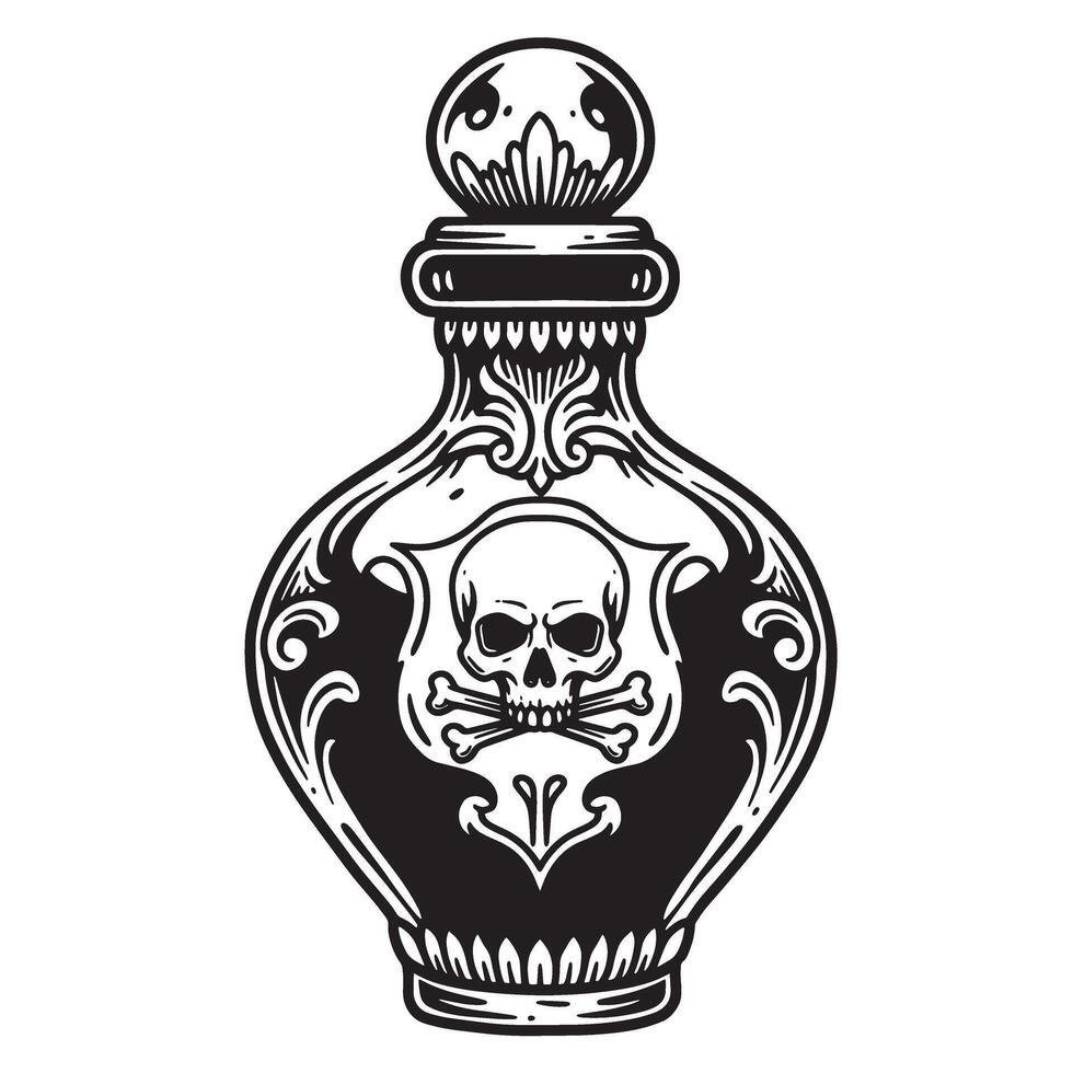 Vintage art silhouette depicting poison bottle design with skull and crossbones symbol vector