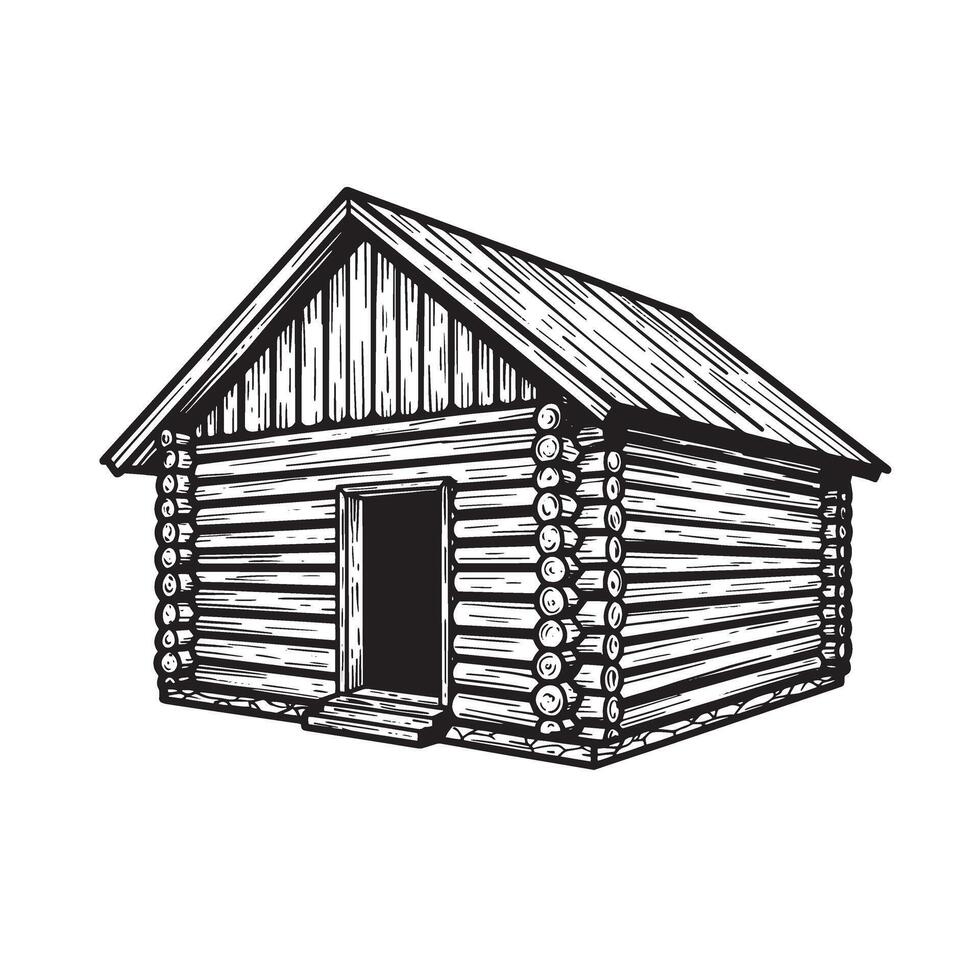 Hand drawn vintage illustration of a small cabin or log house silhouette perfect for design purposes and rustic themed projects vector