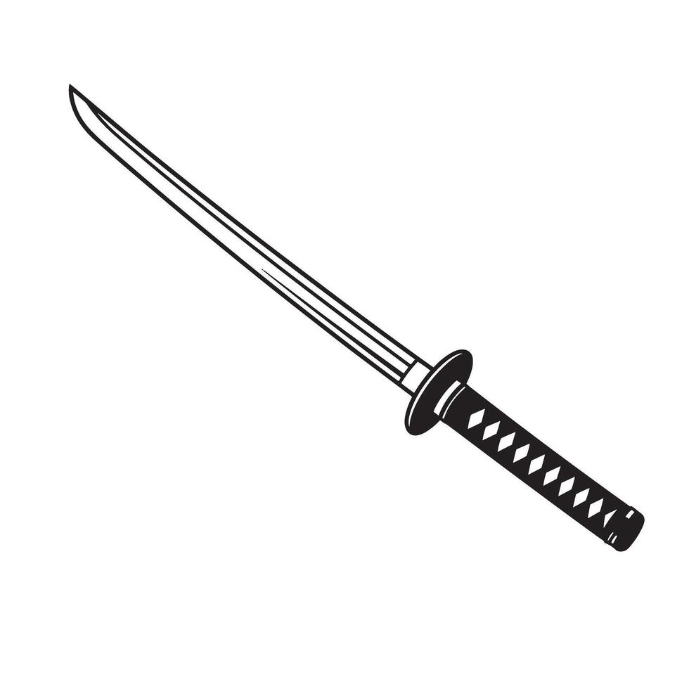 Classic illustration depicting a japanese katana sword weapon in a vintage art silhouette against a clean white background vector