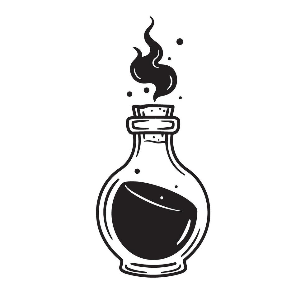 illustration of a black potion bottle with smoke emitting a silhouette style perfect for halloween themes and magical concepts. vector