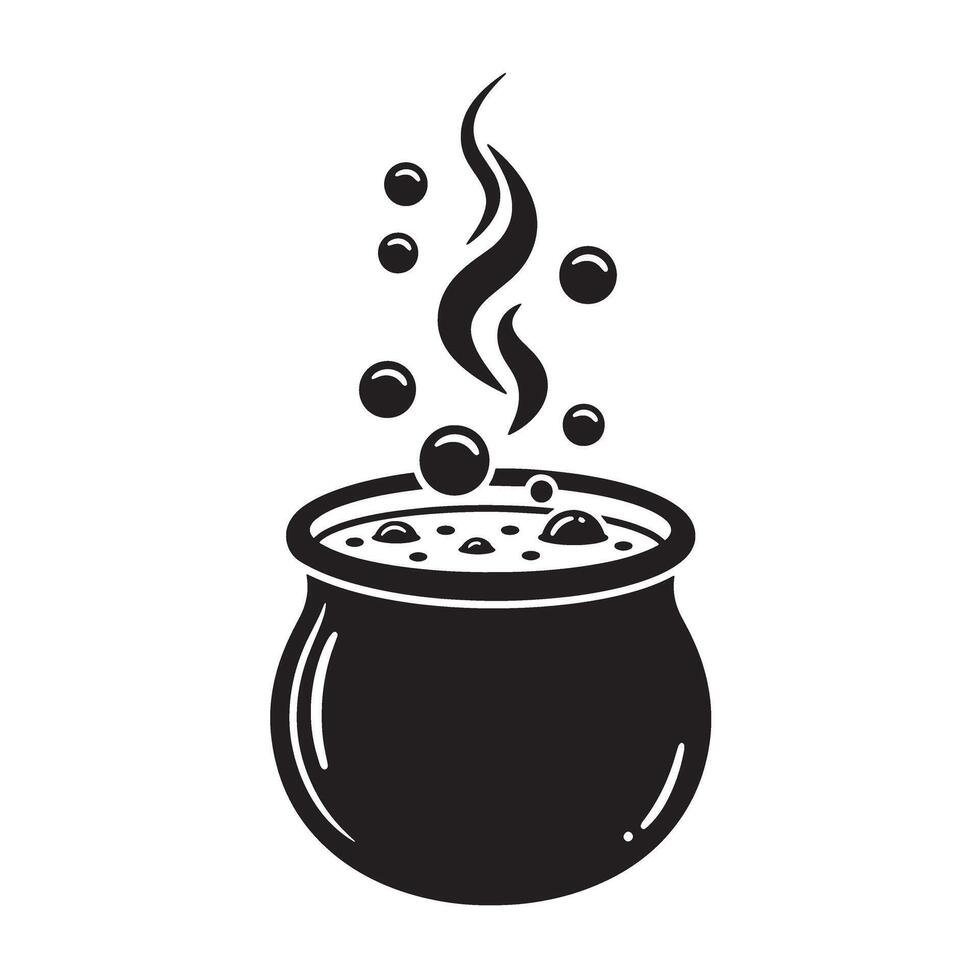 Black and white illustration of a bubbling cauldron creating a spooky vintage art silhouette. vector