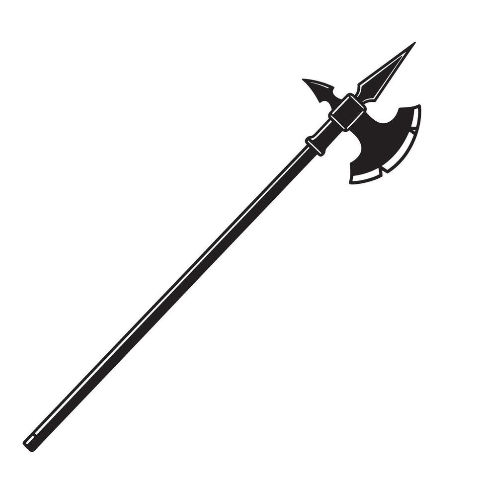 A simple black and white vintage art silhouette of a medieval halberd weapon on a blank white background. vector