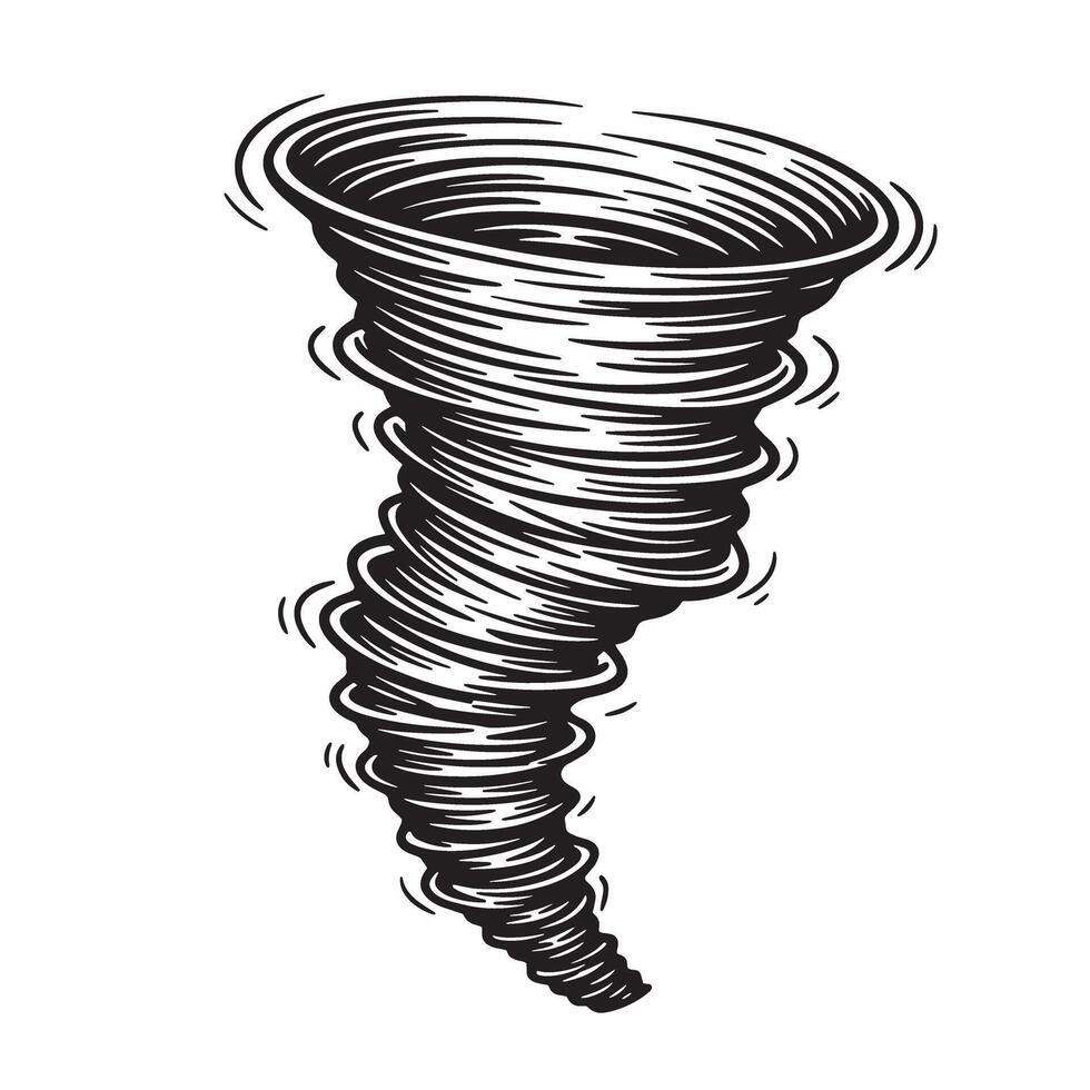 Hand drawn vintage art silhouette illustration depicting a powerful swirling tornado or twister graphic vector