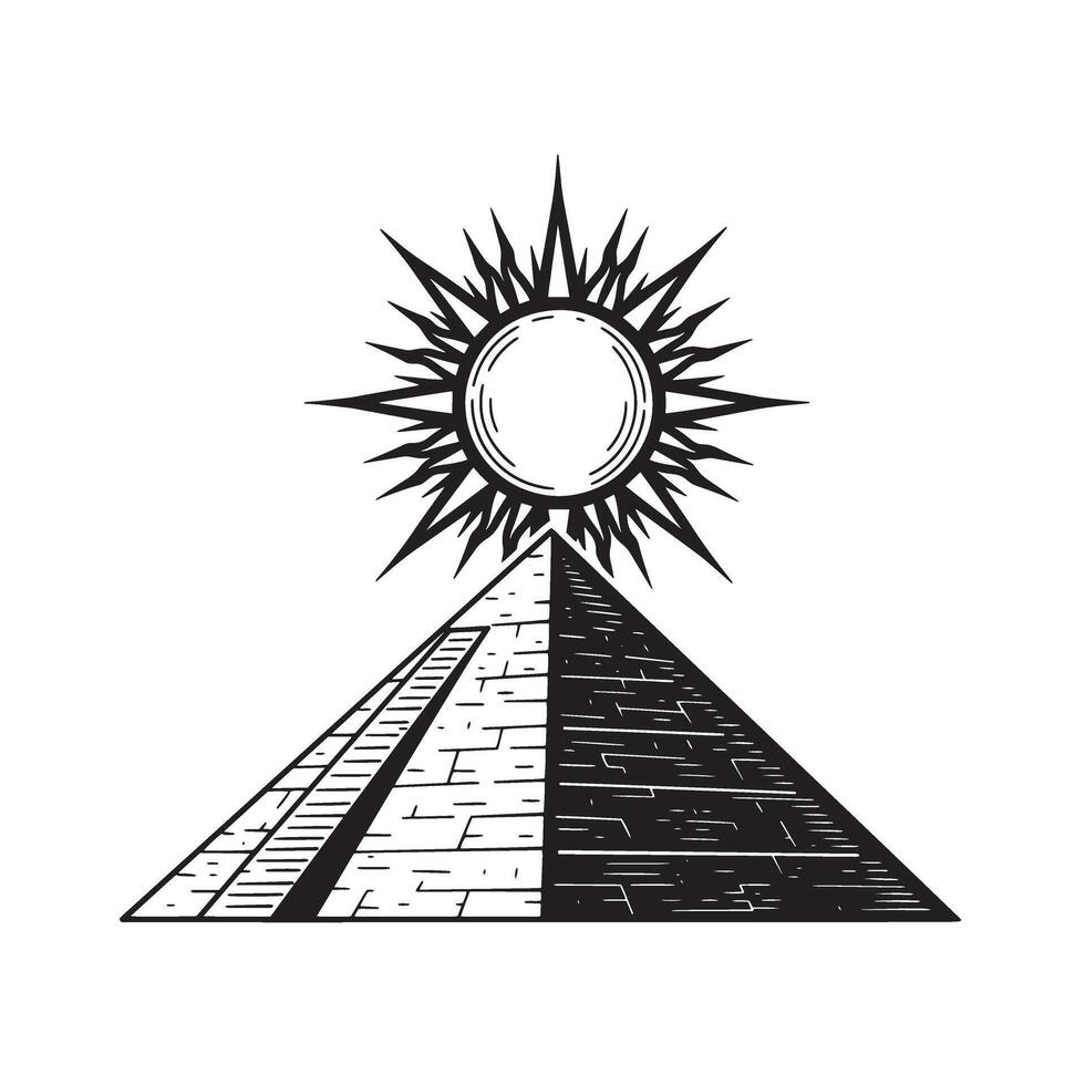 Egyptian pyramid symbol with sunburst design vintage art illustration in black and white vector
