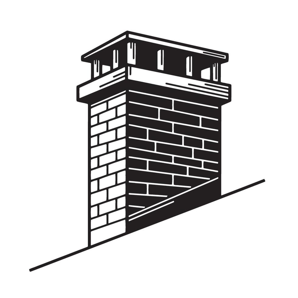 Black and white vintage art silhouette of a brick chimney on a roof against a white backdrop vector