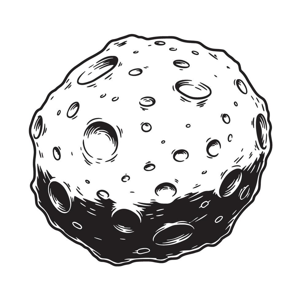 Detailed vintage art silhouette illustration of asteroid showing craters in a retro style for graphic design vector