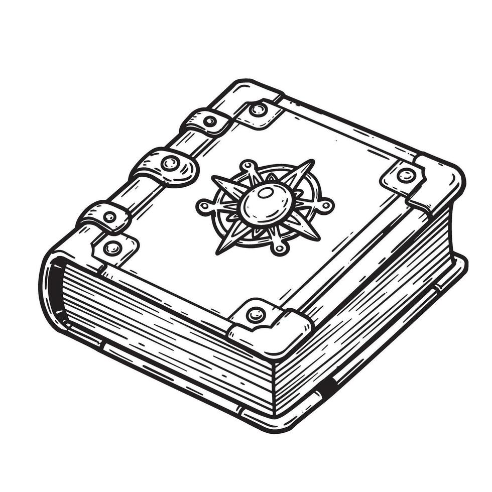 Detailed vintage art silhouette of a closed ancient book featuring compass rose emblem vector