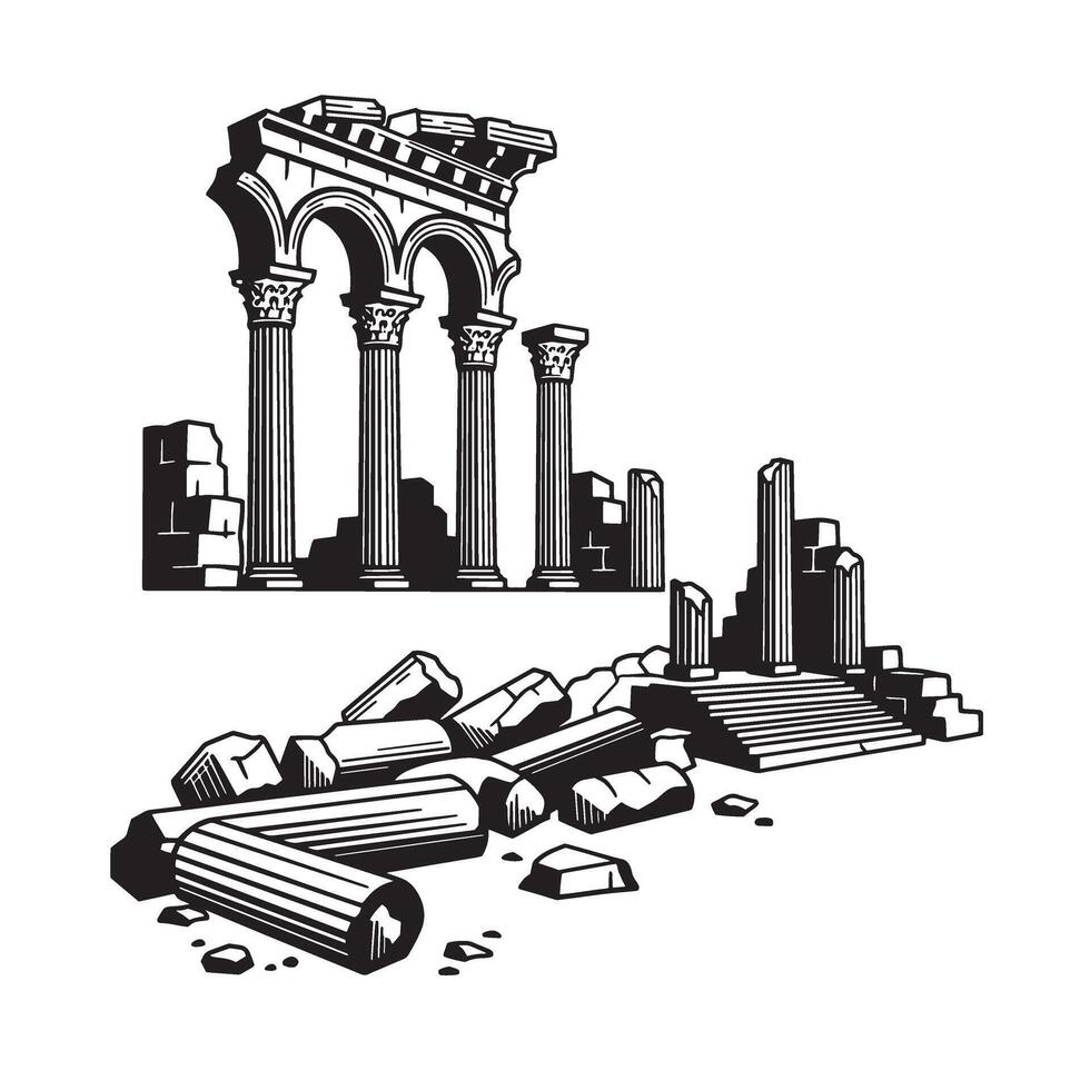 Ancient ruins architectural drawing of classical columns and stone debris in monochrome vector